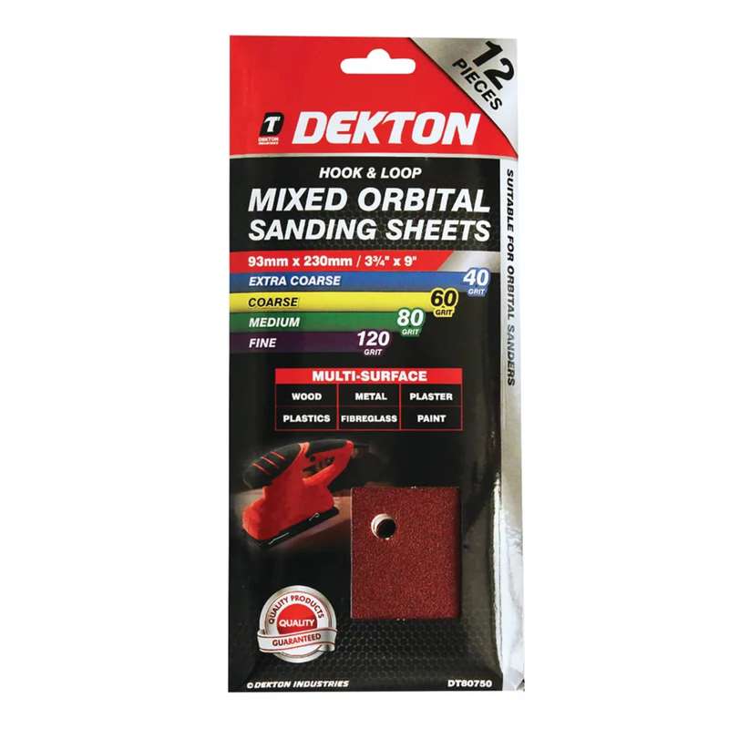 DEKTON 12PC Hook and Loop Mixed Orbital Sanding Sheets 93mm x 230mm - Assorted Grit