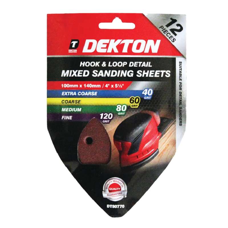 DEKTON 12PC Hook and Loop Detail Mixed Sanding Sheets 100mm x 140mm  Assorted Grit