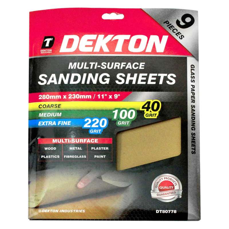 DEKTON 9PC Multi-Surface Mixed Sanding Sheets 280mm x 230mm - Assorted Grit