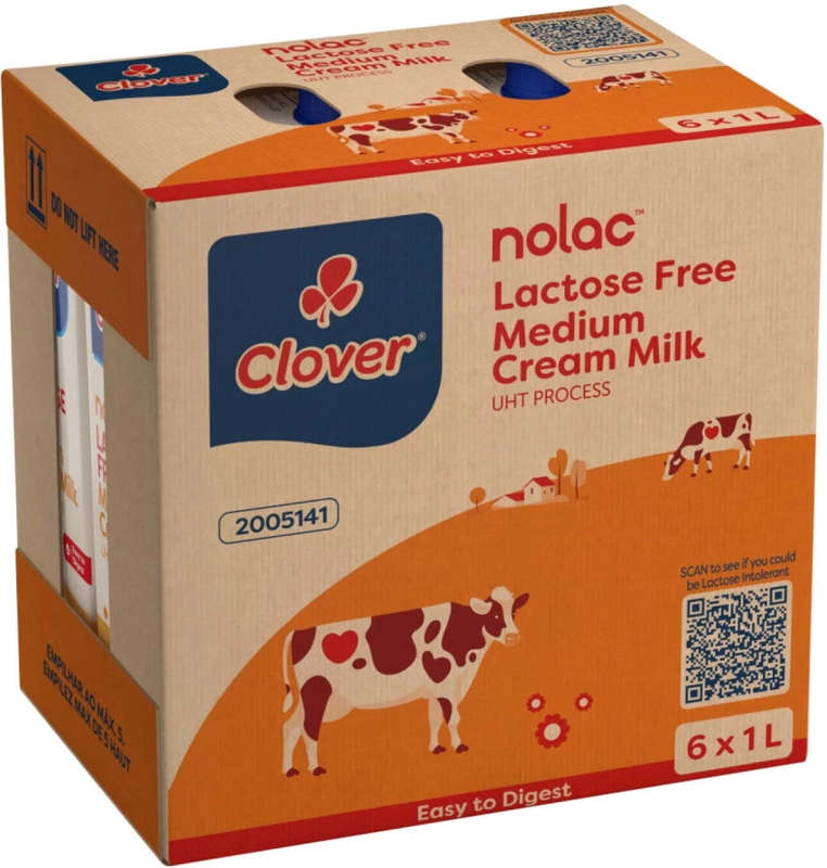 Clover NoLac Lactose Free Medium Fat UHT Milk - 6 x 1L