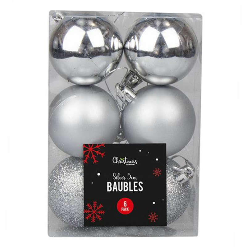 Christmas Silver Assorted Baubles Set 5cm 6 Pack
