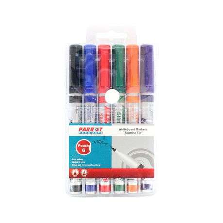 Parrot Whiteboard Markers (6 Markers - Slimline Tip - Pouch) PW0601B