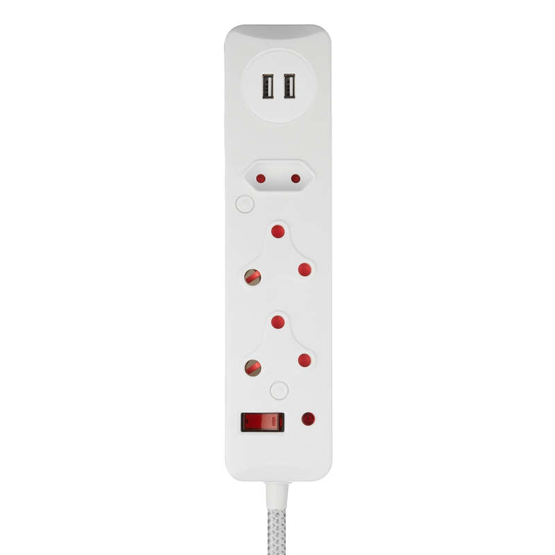 SWITCHED 3 Way Surge Protected Multiplug with Dual 2.4A USB Ports, 3M Braided Cord White