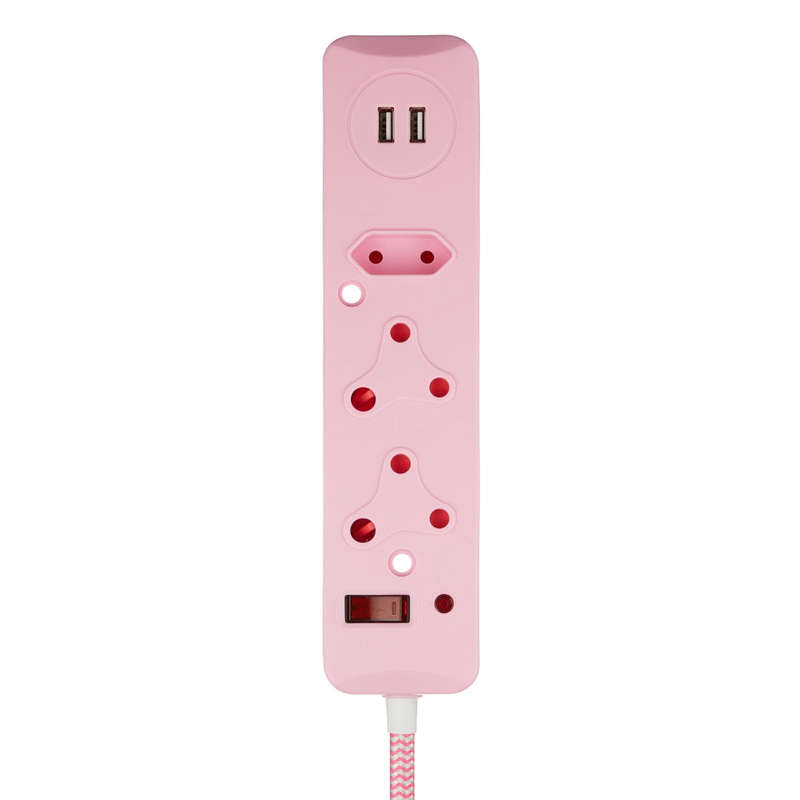 SWITCHED 3 Way Surge Protected Multiplug with Dual 2.4A USB Ports, 3M Braided Cord Pink