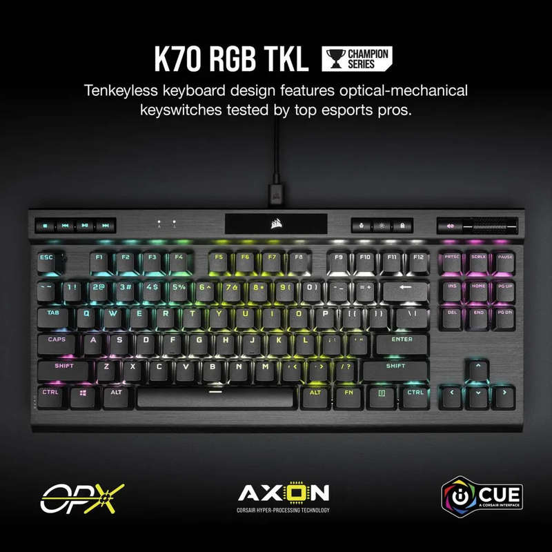 Corsair K70 RGB TKL Optical-Mechanical Gaming Keyboard; Backlit RGB LED; CORSAIR OPX Keyswitches;...
