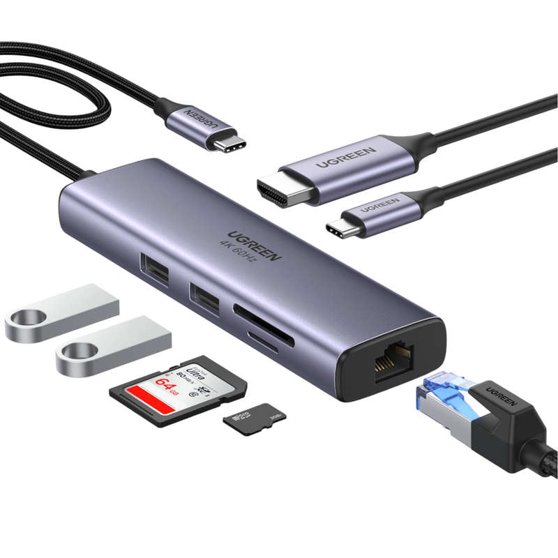 UGREEN Revodok 7-in-1 Type-C Hub | 4K HDMI, PD, RJ5, USB 3.0, SD/TF  - Silver