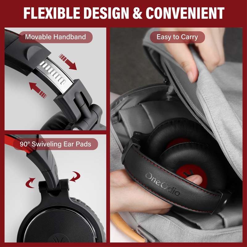 Oneodio Pro 10 Professional Wired Over Ear DJ and Studio Monitoring Headphones - Red/Black
