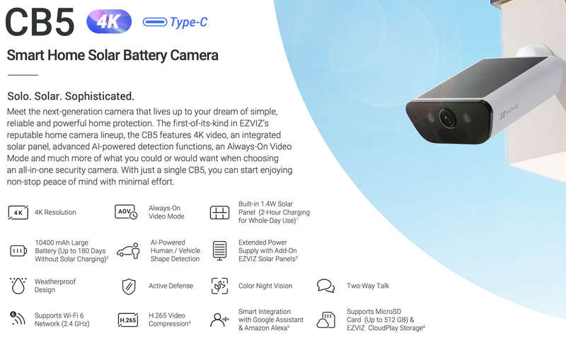 Ezviz CB5 4K Built in Solar Panel Battery AI Human Detection CCTV Camera
