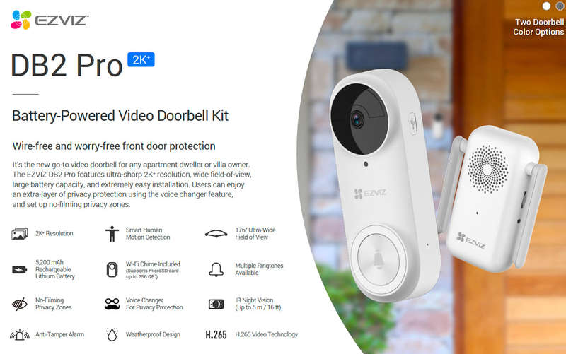 EZVIZ DB2 Pro 5MP 2K+ Battery-Powered Wireless Video Doorbell Kit
