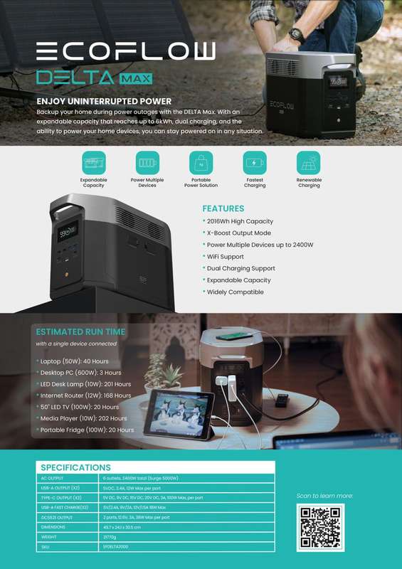 ECOFLOW DELTA MAX 2000 Portable Power Station - 2400W output; 2016Wh Battery; 800W Solar - Int So...