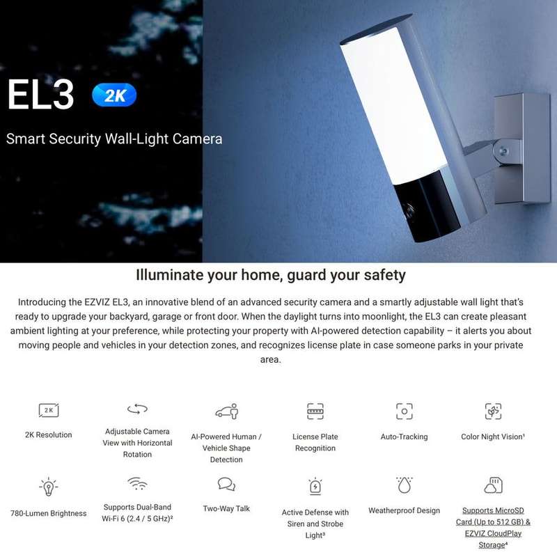 EZVIZ EL3 Smart Security Wall-Light 2K Camera (99 ) Fixed Lens