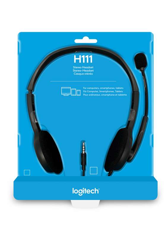Logitech Headset H111 Analog Stereo Headset  One plug Noise Cancelling mic full stereo sound Flex...