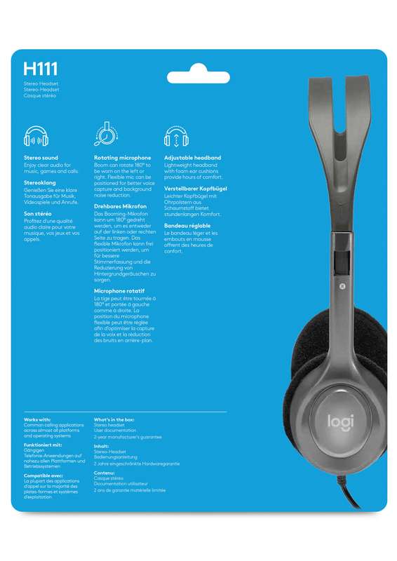 Logitech Headset H111 Analog Stereo Headset  One plug Noise Cancelling mic full stereo sound Flex...