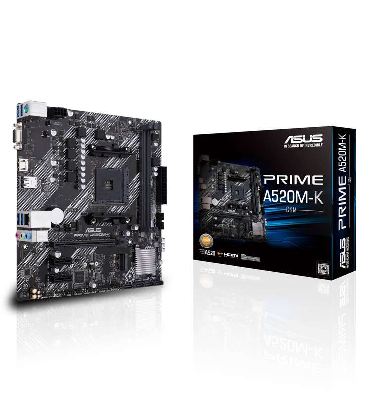 AMD A520 (Ryzen AM4) micro ATX motherboard with M.2 support; 1 Gb Ethernet; HDMI/D-Sub; SATA 6 Gb...