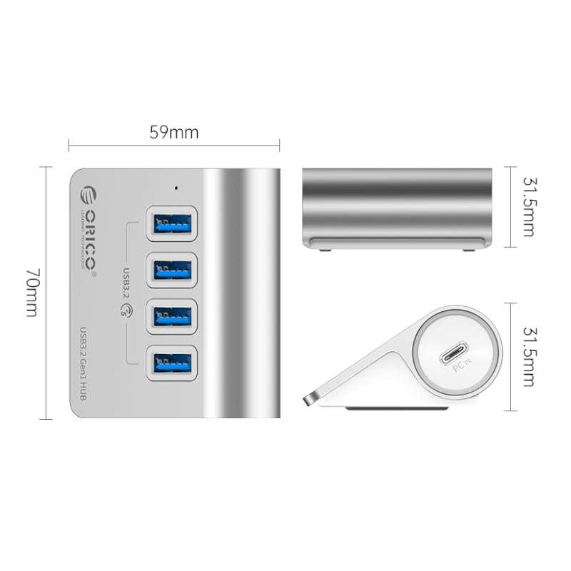 ORICO Aluminum Alloy 4 Port USB Hub | 4x USB 3.2 Type-A | Type-C