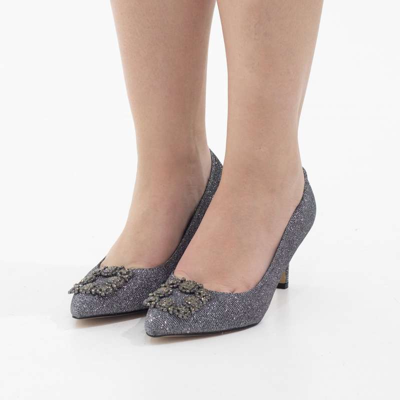 Simone shimmer 8cm heel court with trim pewter