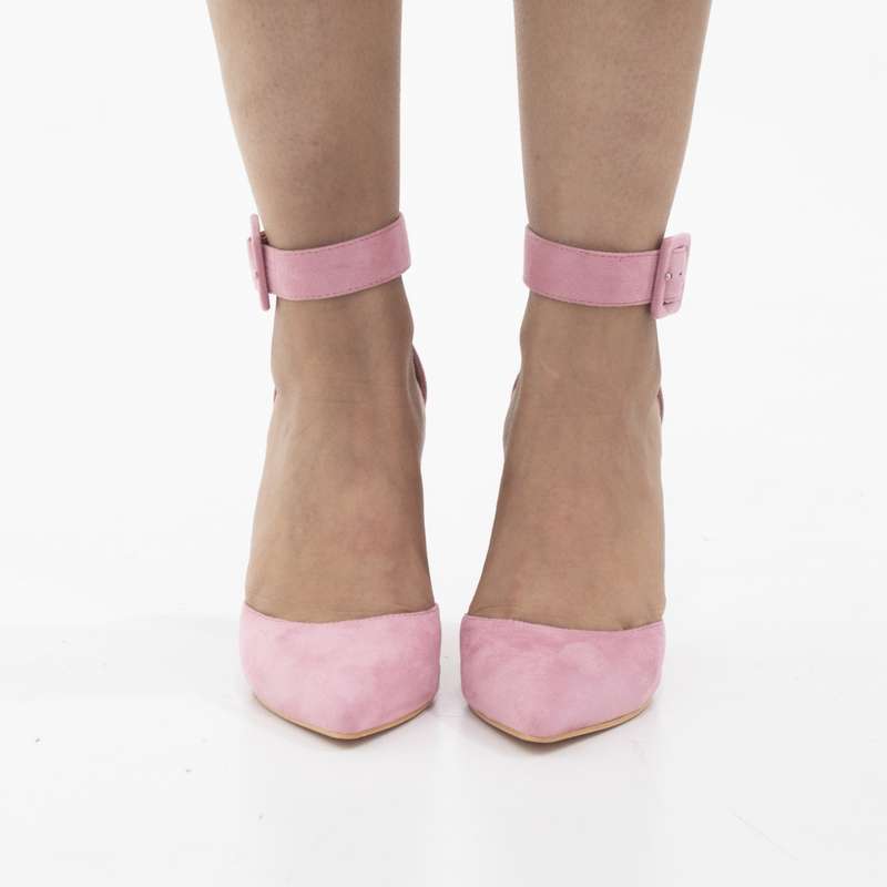 Zirconia open waist pointy on 10cm block heel pink