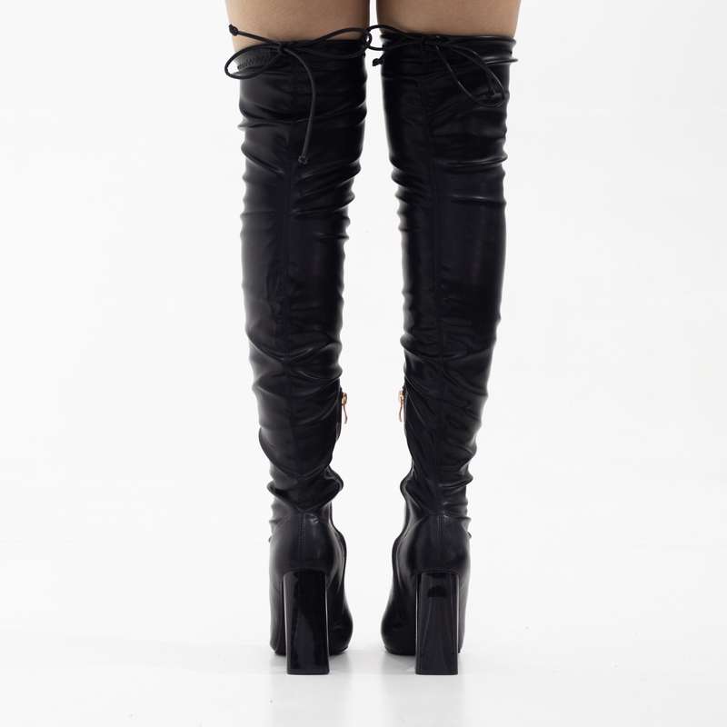 Tomian thigh high pointy high 10.5cm heel boot PU black