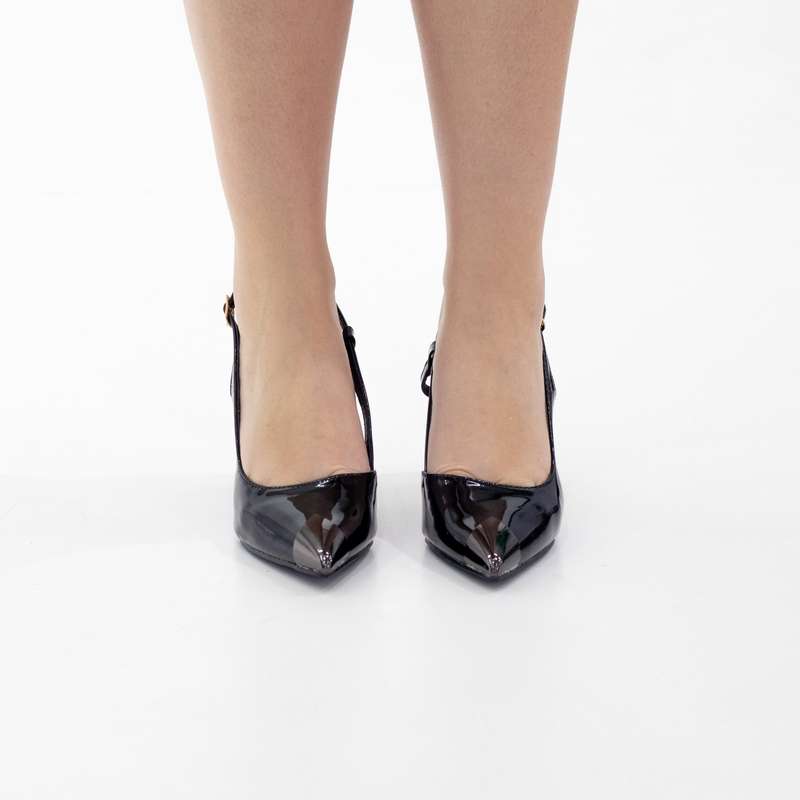 Obella 8.5cm heel pat sling back with gold pointy toe black
