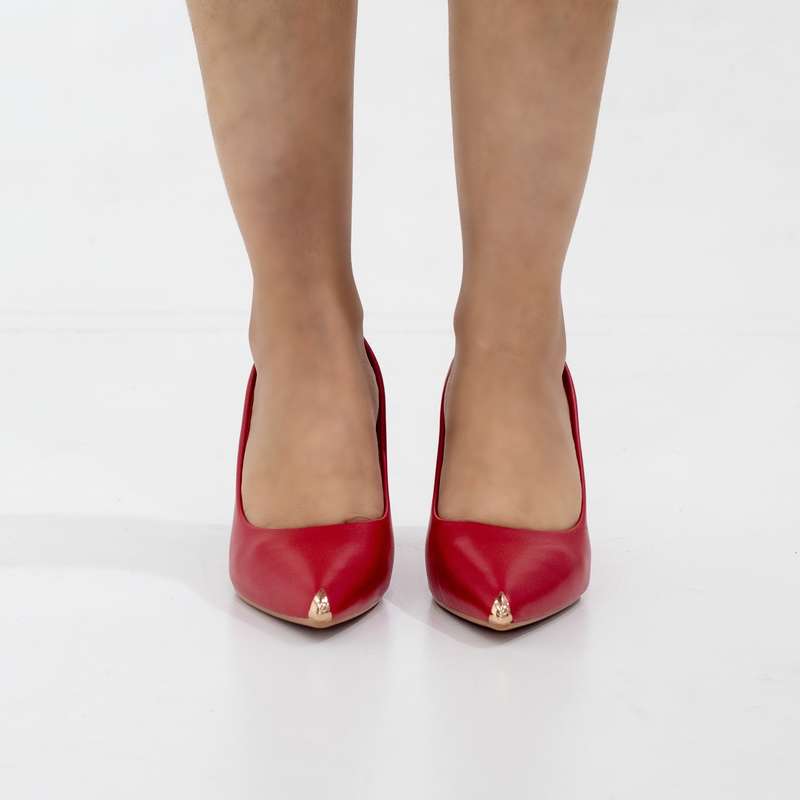 Doha Faux court with gold pointy toe on 8cm heel red