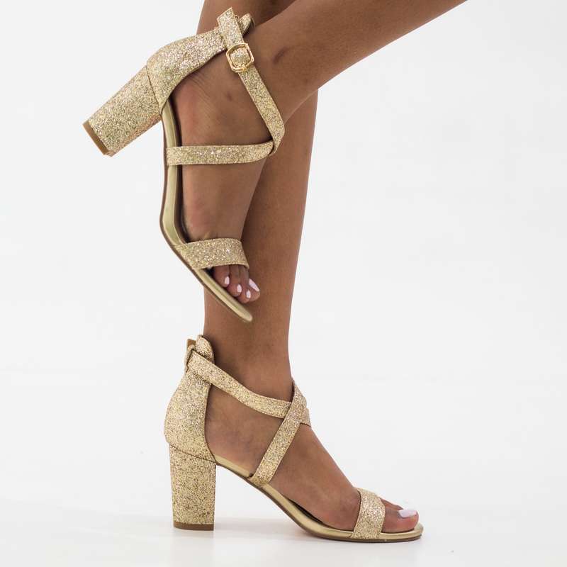 Idifu one band ankle strap 7cm heel glitter sandal gold