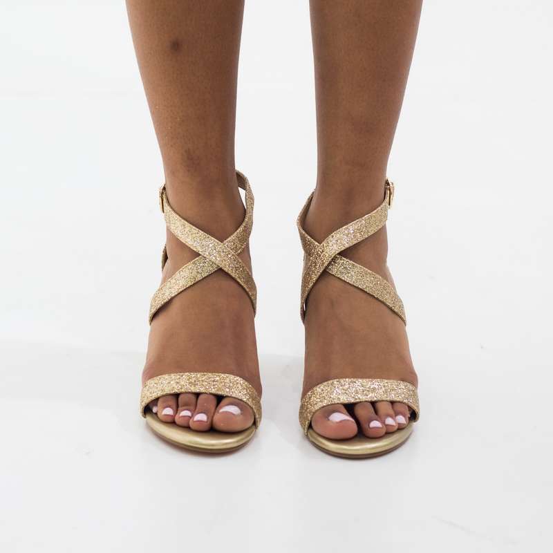 Idifu one band ankle strap 7cm heel glitter sandal gold