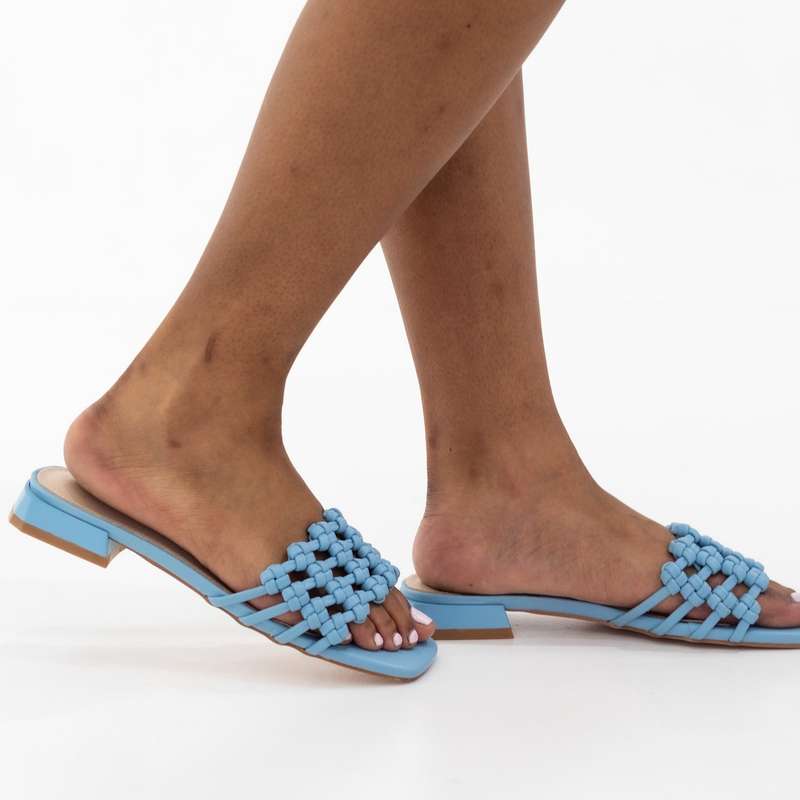 Unilody flat pleated slide on a 2cm flat heel blue