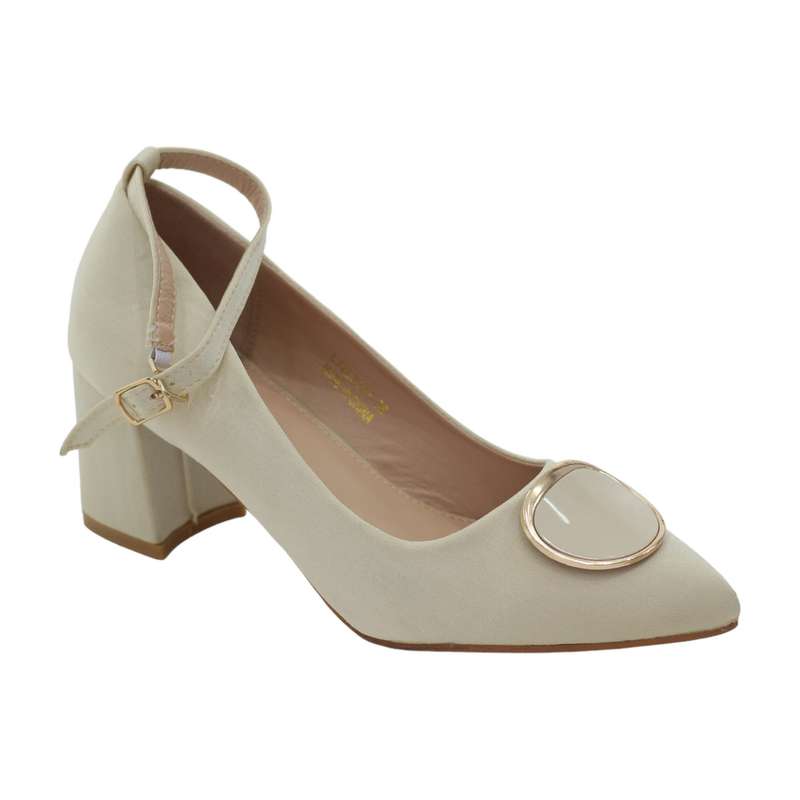 Trip 7.5cm block heel ankle strap court with a round trim cream