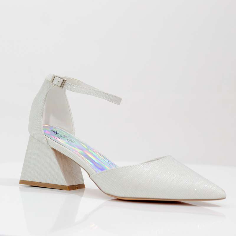 Mibala 6cm heel open waist ankle shimmer strap pointy white