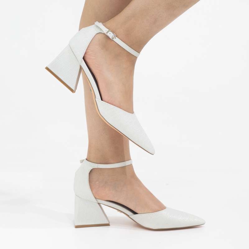 Mibala 6cm heel open waist ankle shimmer strap pointy white