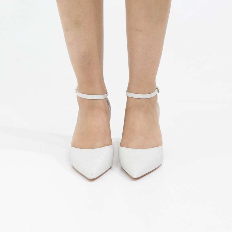 Mibala 6cm heel open waist ankle shimmer strap pointy white