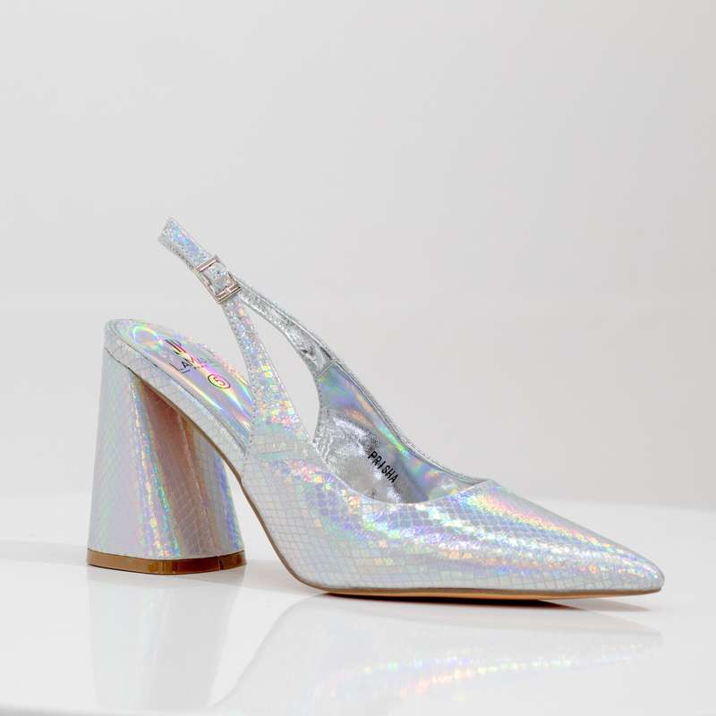 Prisha pointy sling back on a 9cm block heel silver
