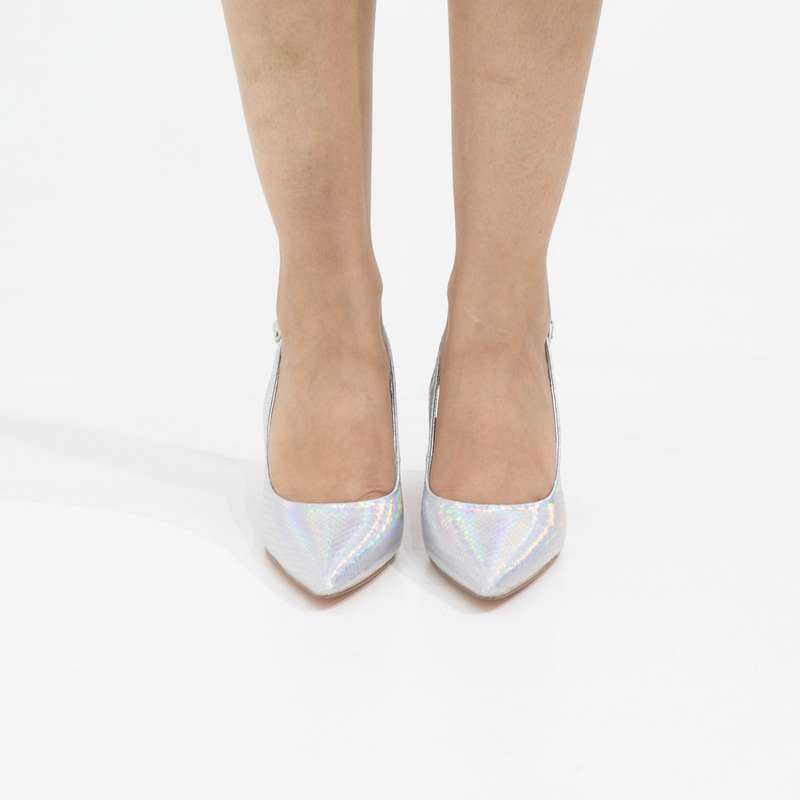 Prisha pointy sling back on a 9cm block heel silver
