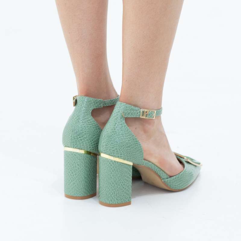 Chakrika snake skin open waist pointy with sqr trim on 8cm heel avo