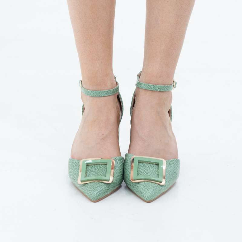 Chakrika snake skin open waist pointy with sqr trim on 8cm heel avo