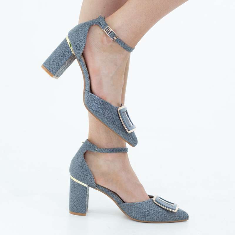Chakrika snake skin open waist pointy with sqr trim on 8cm heel blue