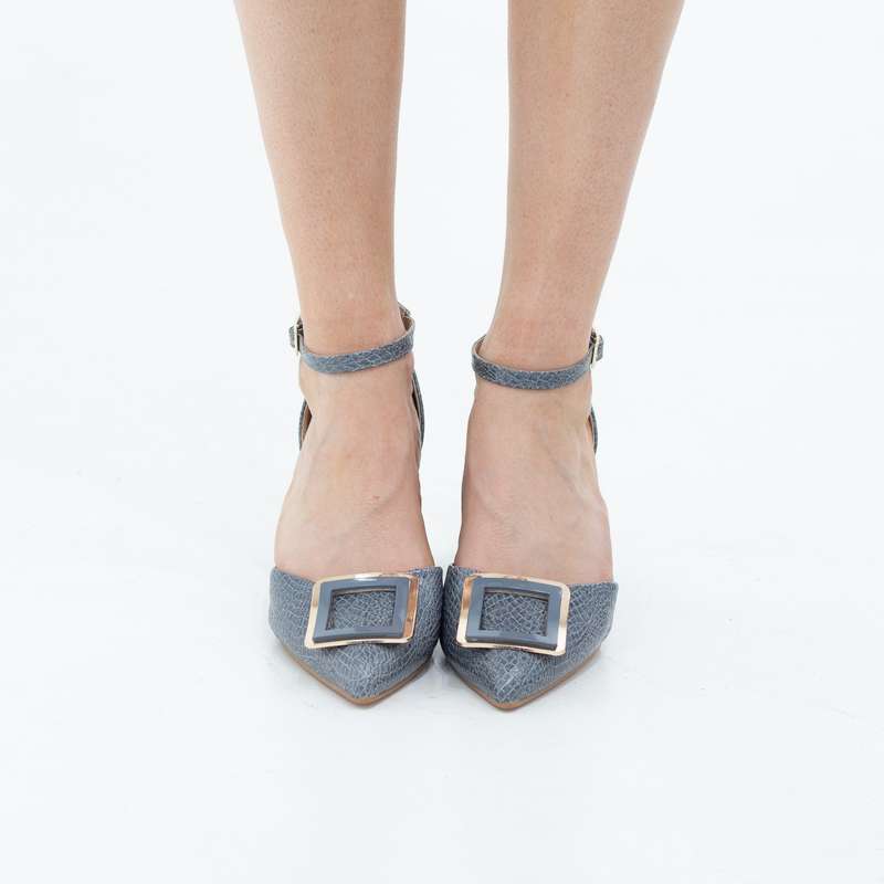 Chakrika snake skin open waist pointy with sqr trim on 8cm heel blue