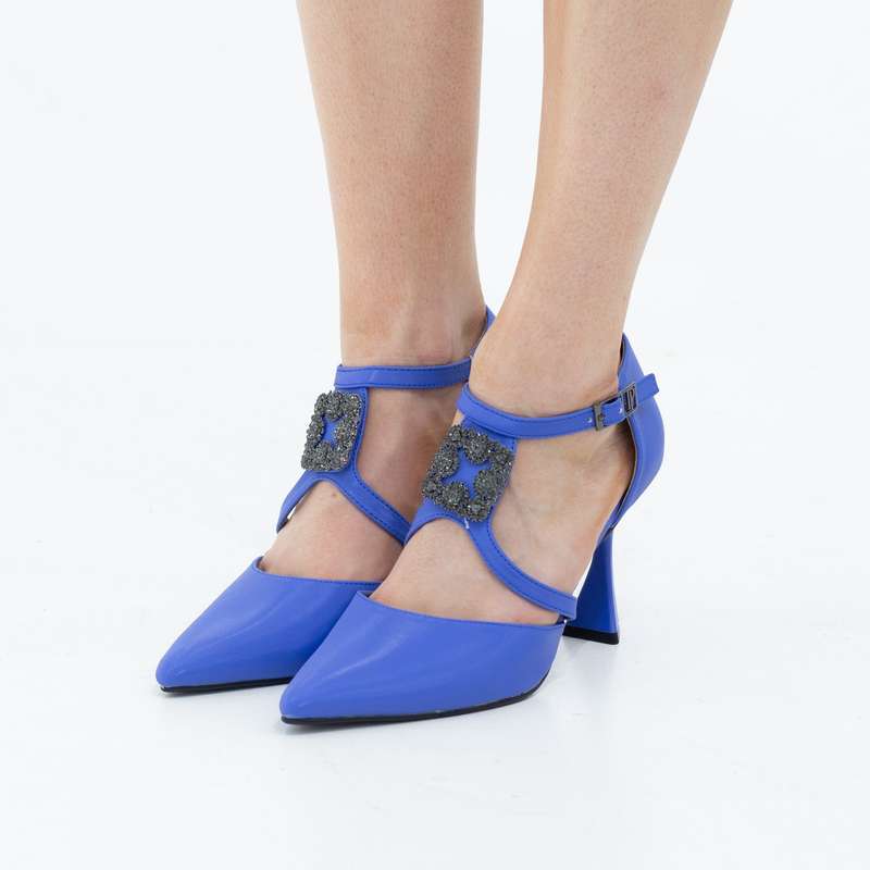 Vaila SATIN sqr trim cross belts open waist 9cm heel pointy royal blue