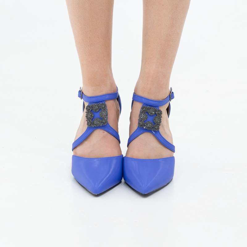 Vaila SATIN sqr trim cross belts open waist 9cm heel pointy royal blue