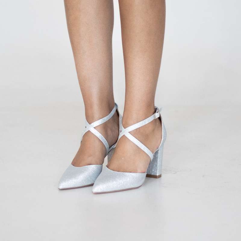 Femi cross-belts open waist SHIMMER 8.5cm block heel silver
