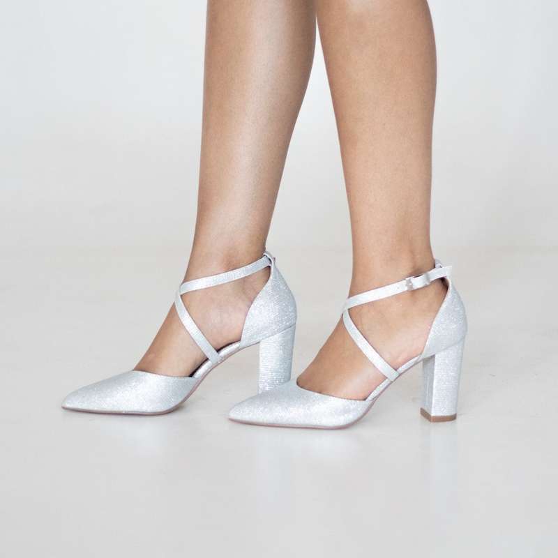 Femi cross-belts open waist SHIMMER 8.5cm block heel silver