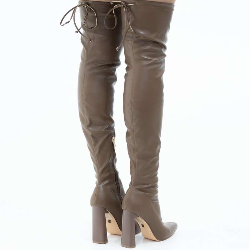 Tomian thigh high pointy high 10.5cm heel boot taupe