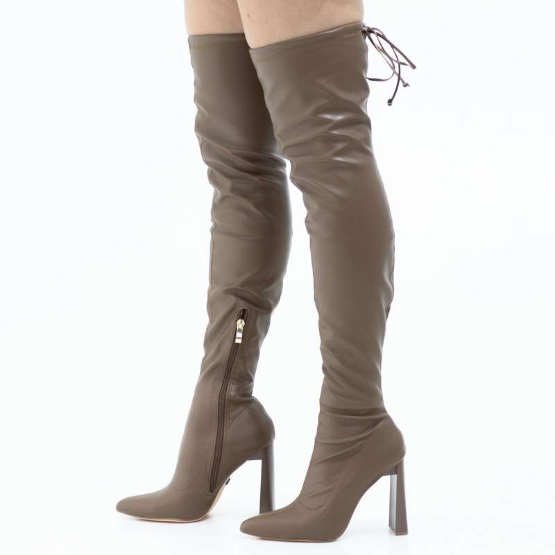 Tomian thigh high pointy high 10.5cm heel boot taupe