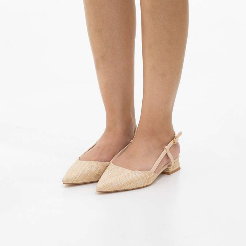 Elena pointy textured-fabric 2cm flat heel sling back pump