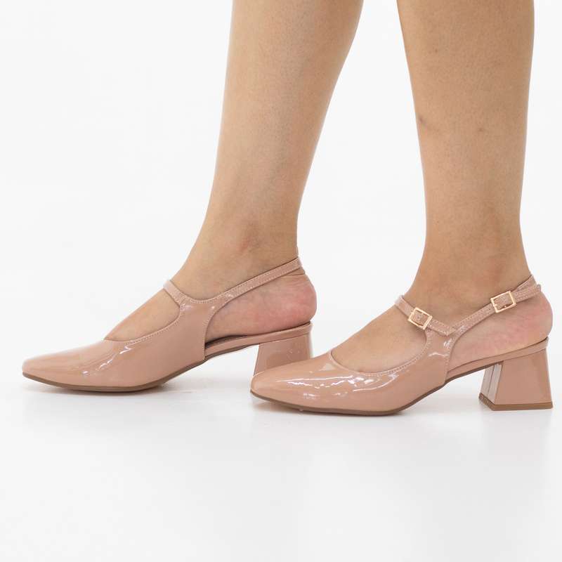 Orala glossy patent closed toe sling back court shoes on 5cm block heel