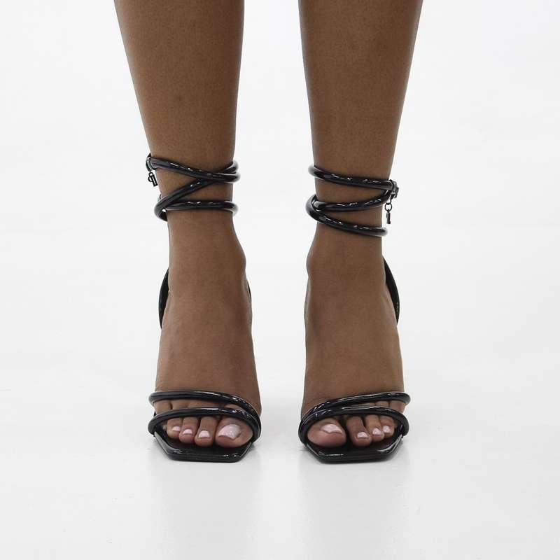 Kuhu pat stripy ankle strap sandal on 9.5cm curved heel black