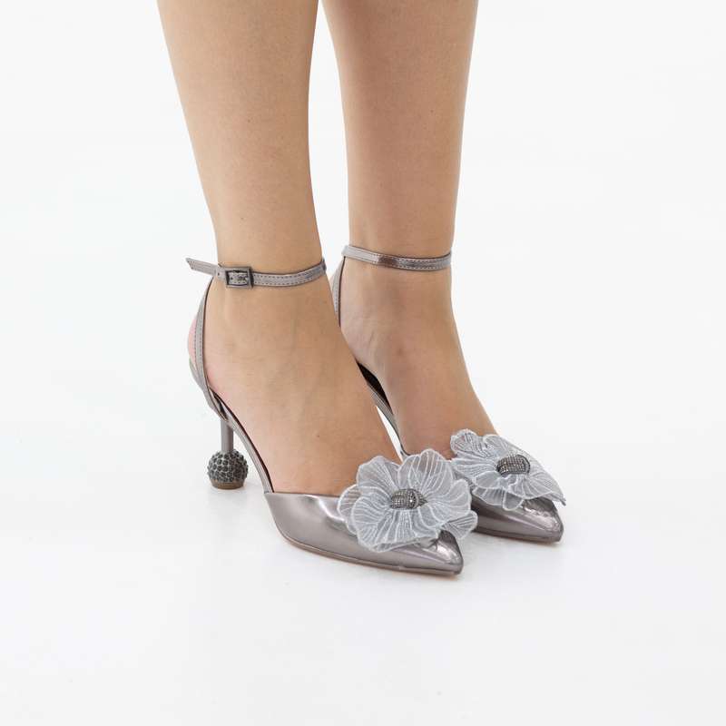 Exit glamour 8cm heel with twist blossom flower finish sling back
