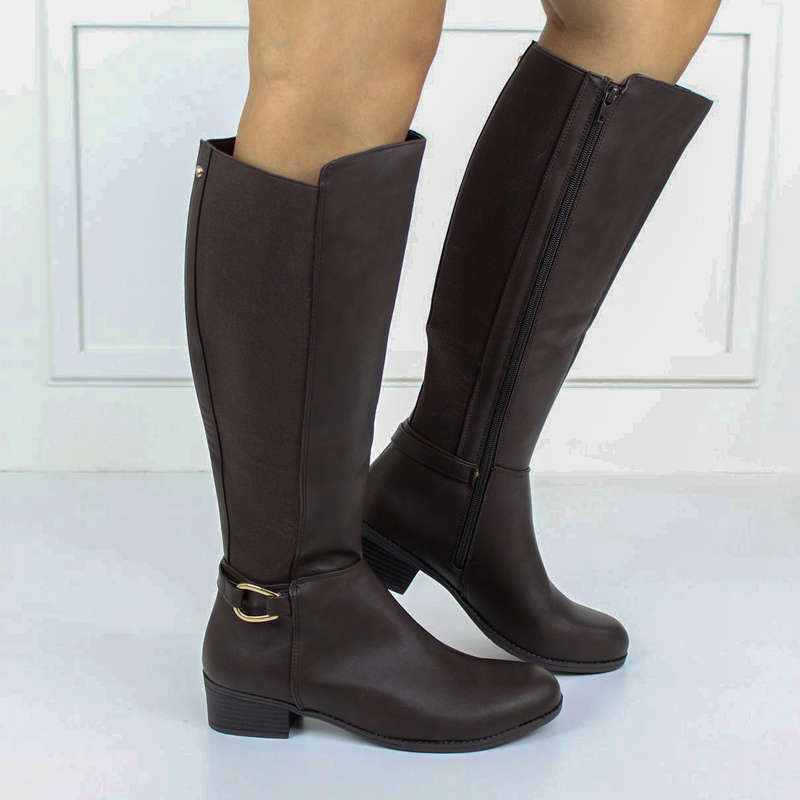 Harper knee high belt buckle low heel boot brown