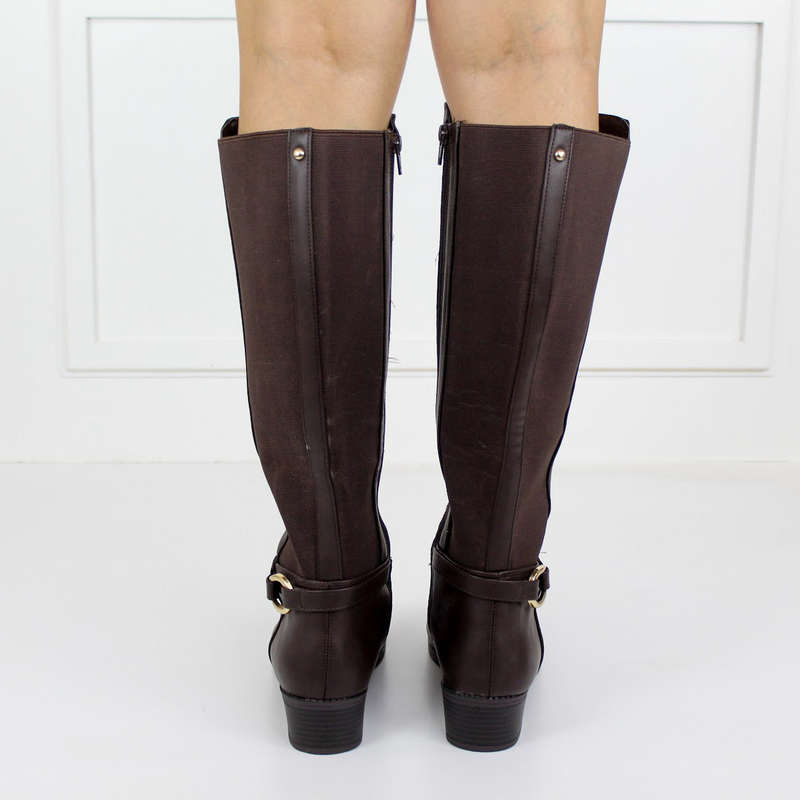 Harper knee high belt buckle low heel boot brown