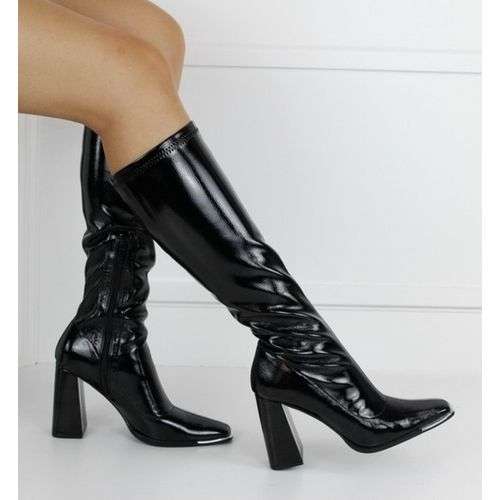 Agota knee high patent boot on 10cm block heel black
